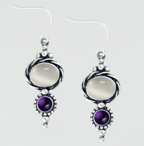 Sterling Silver Round Under Oval Gemstone Stud Drop Dangle Earrings With White Moonstone And Amethyst